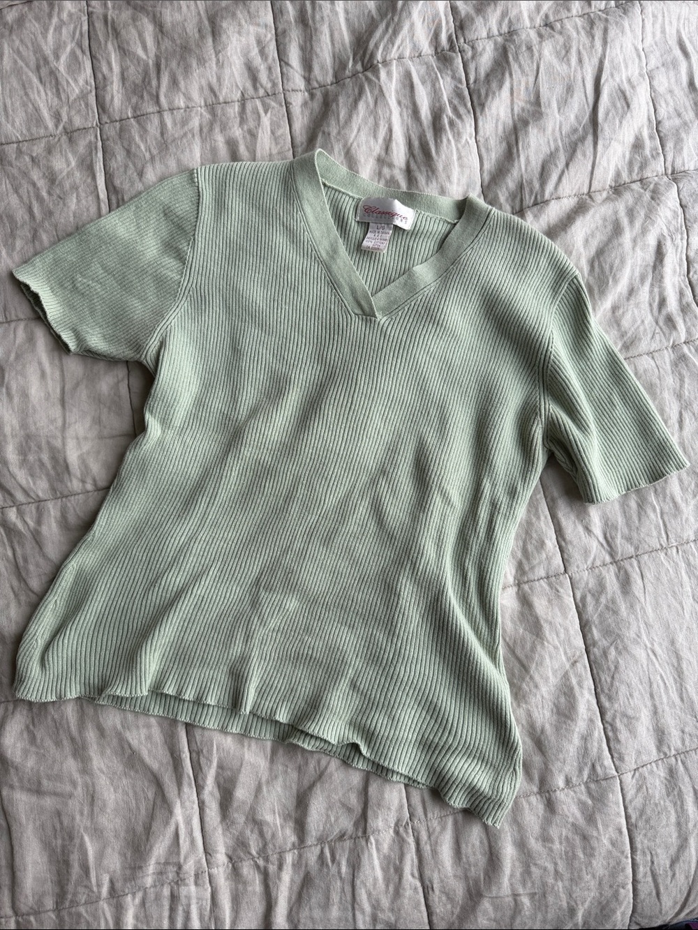 Light Mint Ribbed V-Neck Top - Short Sleeve